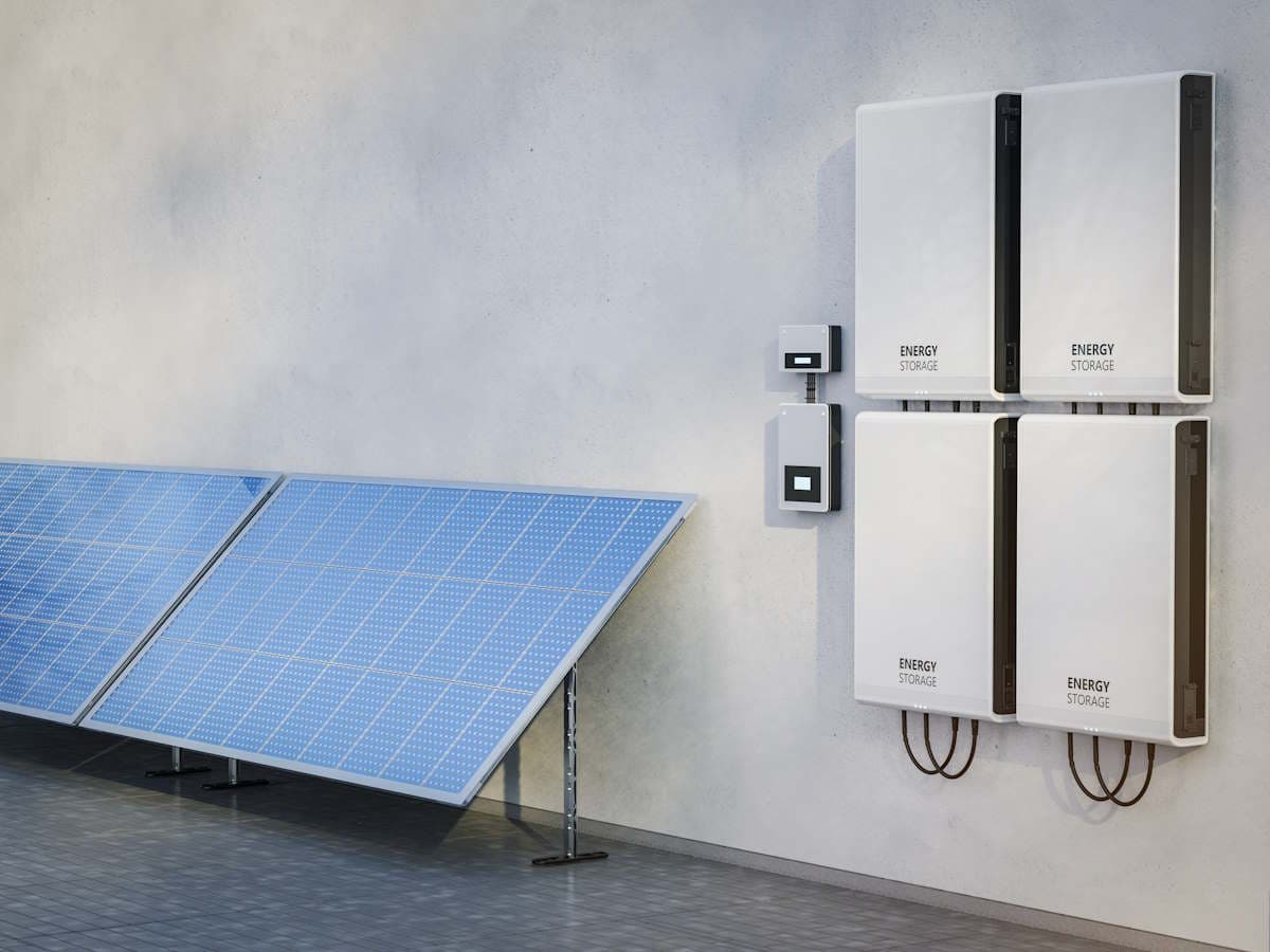 Zonnepanelen en thuisbatterijen gemonteerd tegen een lichte wand